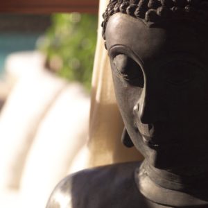 Statues like this one are commonly displayed in temples of Buddhism.