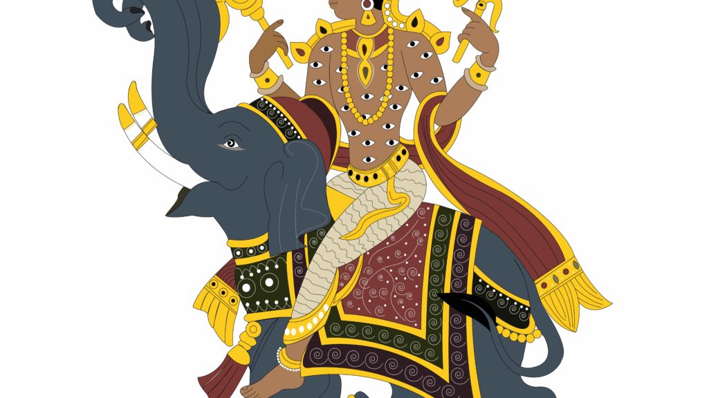 An avatar riding an elephant.