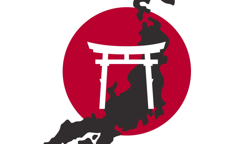 A Shinto shrine set against the flag of Japan.