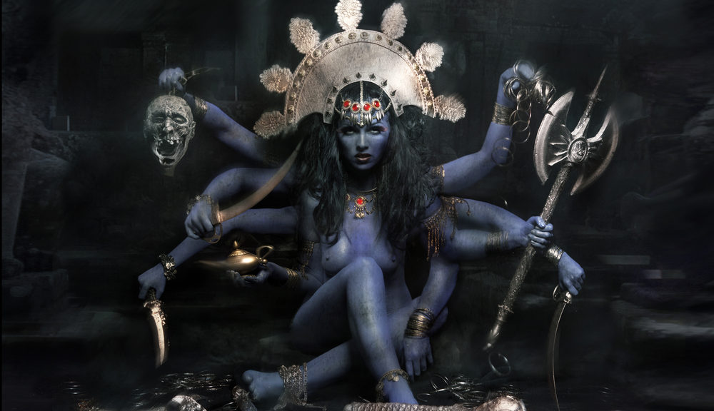 A portrait of the Hindu goddess Kali seated.