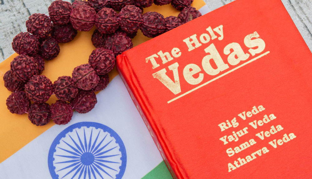 A picture of the Vedas atop India's flag.