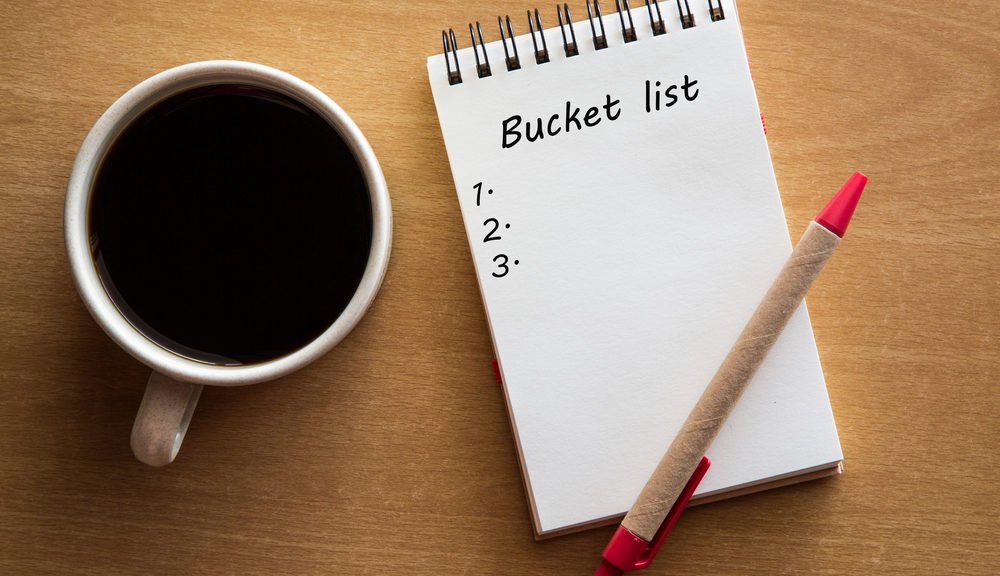 An incomplete bucket list next to a cup of coffee.