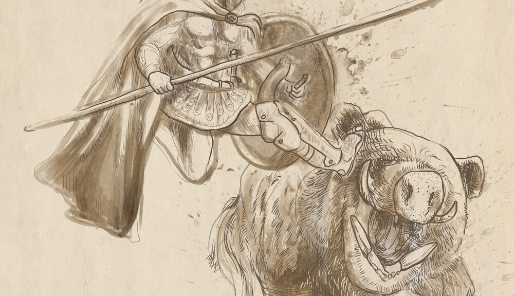 A man fights the Erymanthian Boar, just one of history's bizarre mythological beasts.