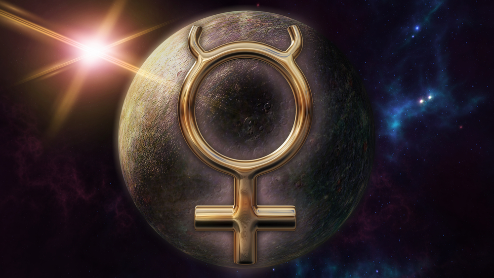 An image of Mercury along with its astrological sign.