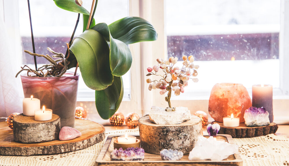 A collection of potted plants, complete with a candle to symbolize the fire in feng shui.