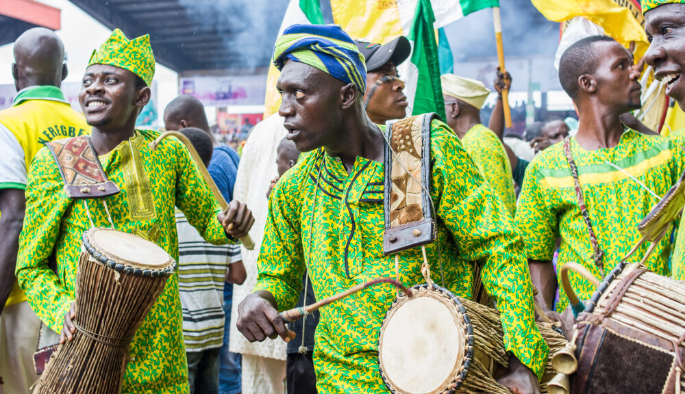 Adherents of the Yoruba religion play the drums.