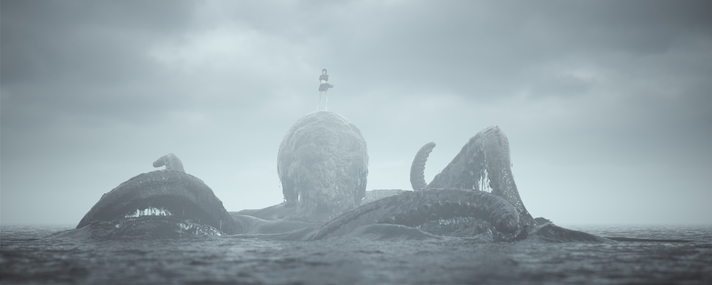 A figure stands on top of a kraken.