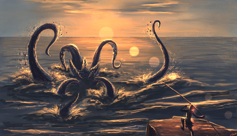 A man throws a spear at one of the great mythical beasts of the sea: the great kraken.