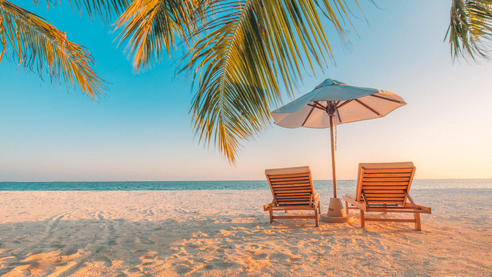 chair and umbrella on beach with palm trees and a soul