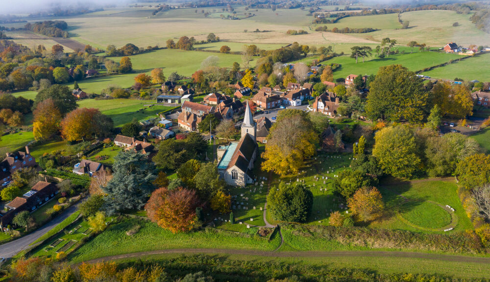 An aerial view of Pluckley Village, a location that was reportedly one of the world's haunted places.