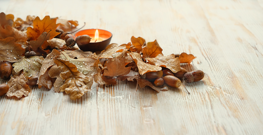 A picture of leaves and a candle.