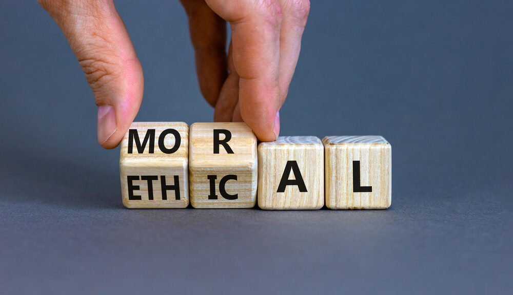 Four blocks spelling out "moral" and "ethical."