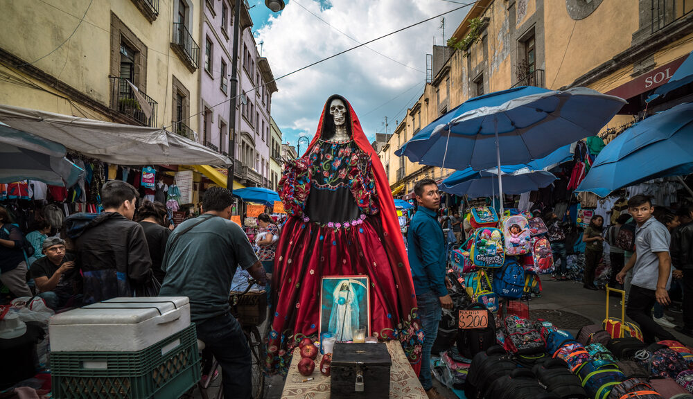 A picture of Santa Muerte in the streets.